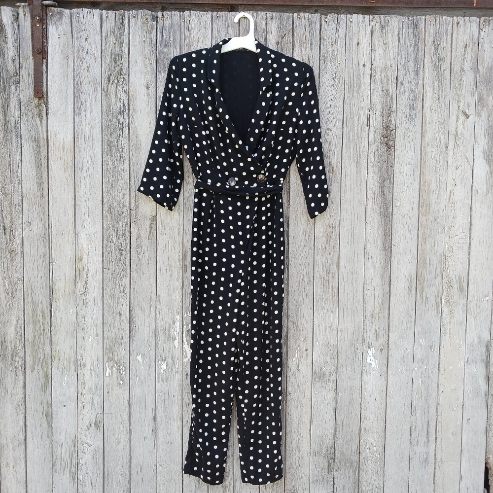 Bershka Polka Dot Jumpsuit S Black White Double Breasted Wrap Belted 3/4 Sleeve